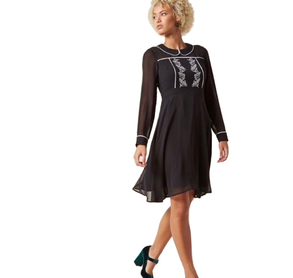 MODCLOTH Embroidered Peter Pan Collar Fit & Flare Dress S